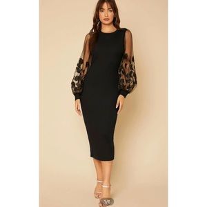 SHEIN Embroidery Mesh Insert Bishop Sleeve Fitted Dress Size Large